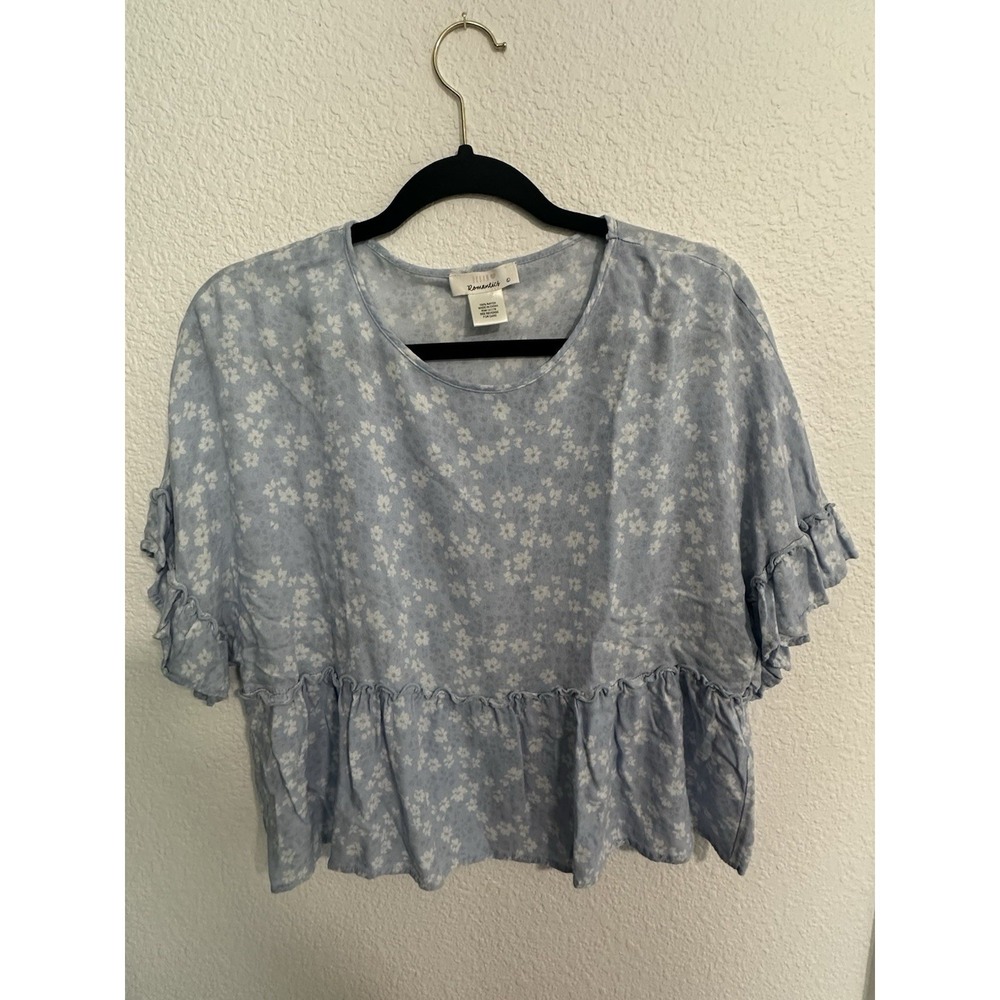 Floral‎ Coquette Peplum Blouse Size L Pastel Blue/White, Ruffle, Soft Girl